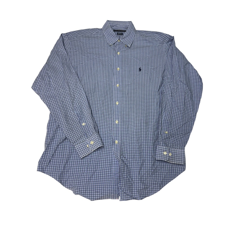 VTG Ralph Lauren Yarmouth Mens 16.5 34/35 Blue Plaid Cotton Button Down Shirt